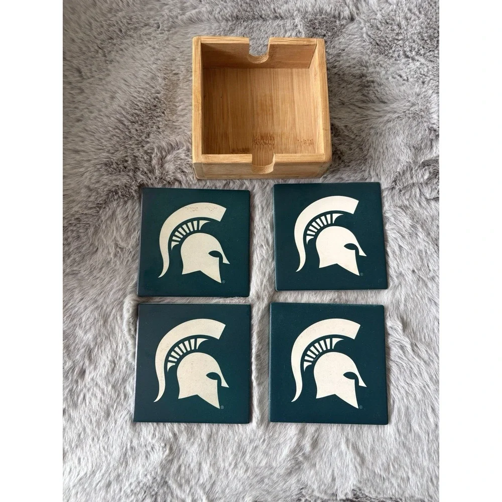 Set of 4 drink coasters michigan state spartans with holder